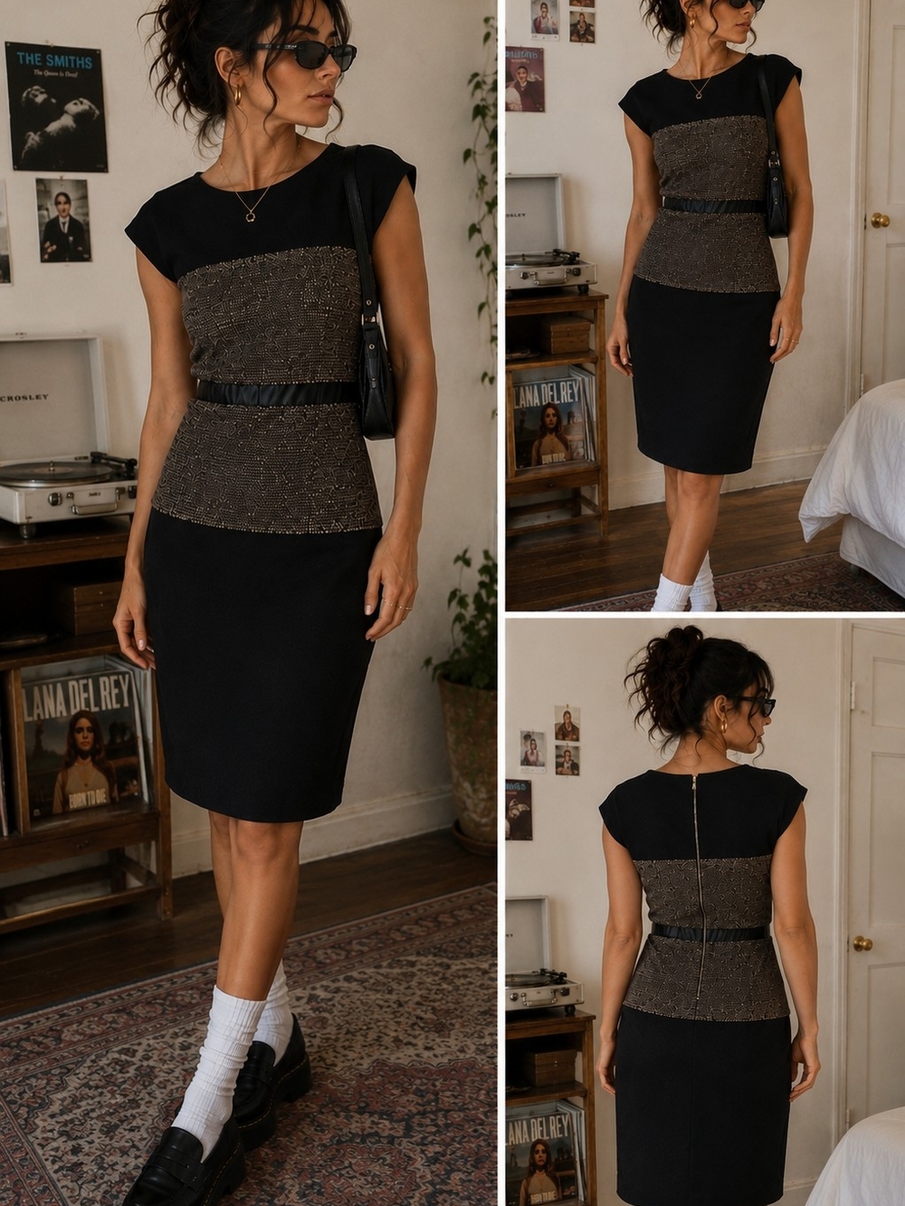 The Limited Size 12 Black & Brown Tweed Midi Dress with Attached Belt